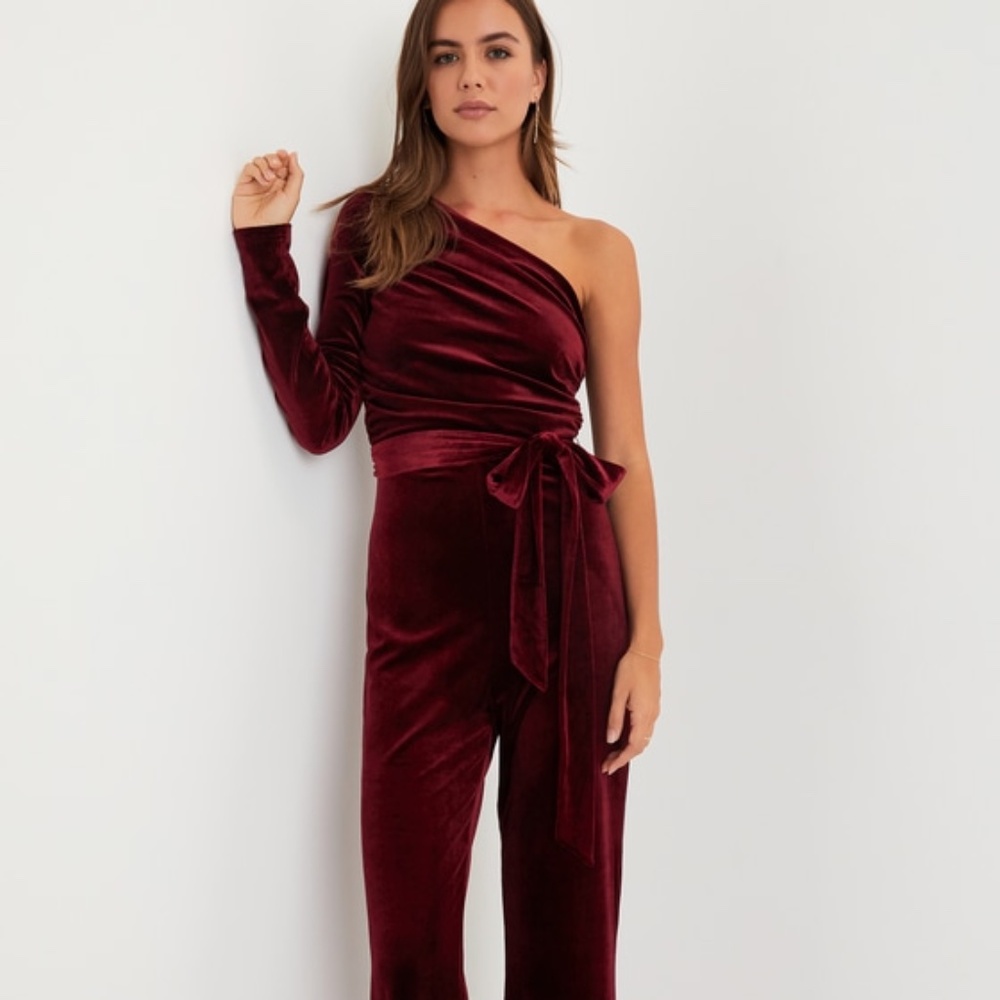 Extraordinary Vibe Burgundy Velvet One-Shoulder Jumpsuit